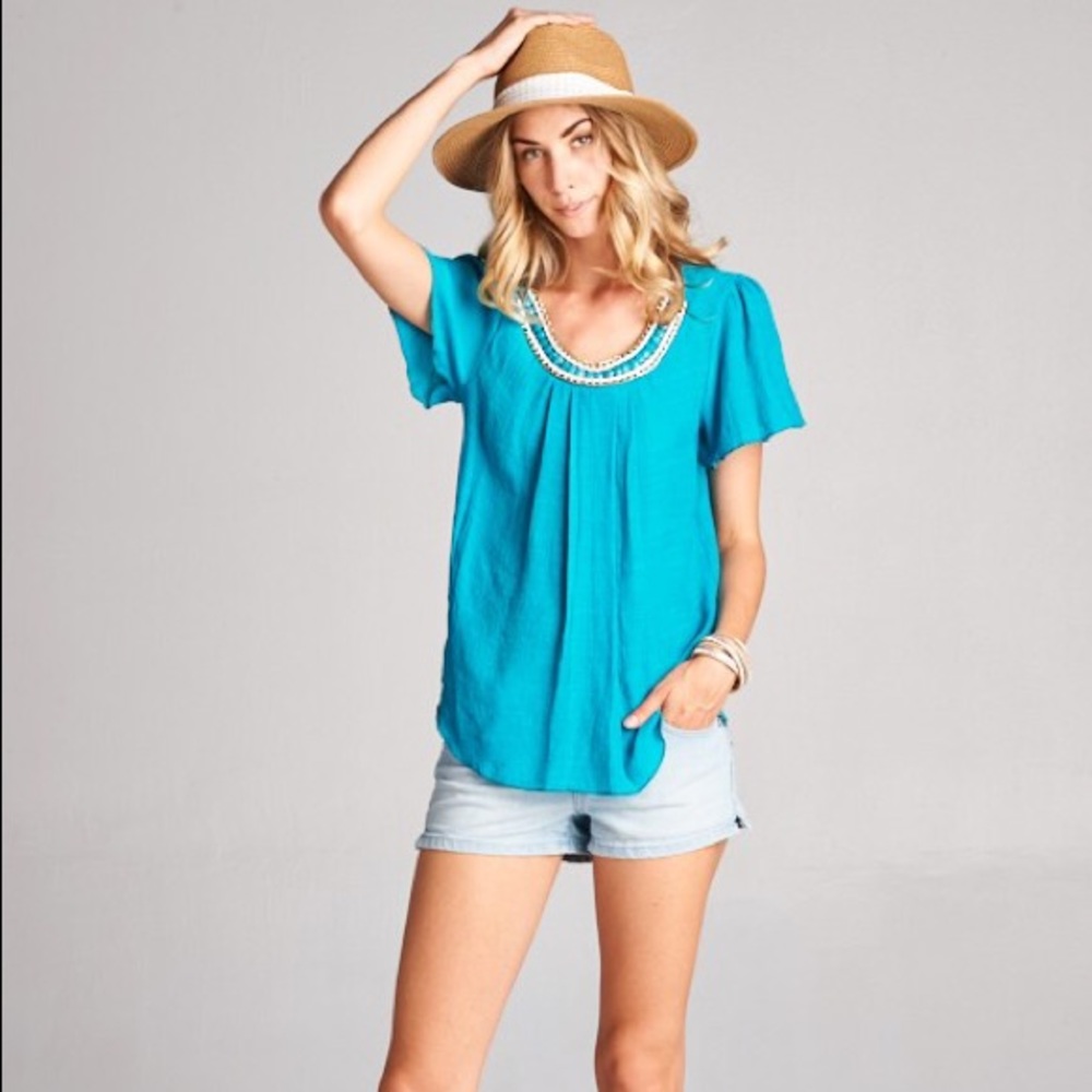 Turquoise Short Sleeve Scoop Neck Boho Woven Top